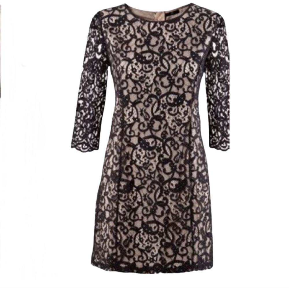 H&M Black Lace Overlay Cocktail Dress Nude Lining 3/4 Sleeve Small
